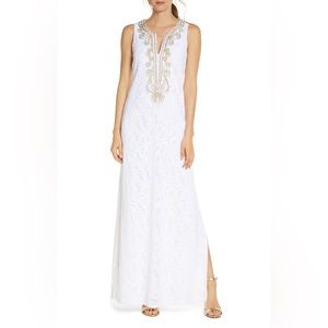 Lilly Pulitzer Carlotta Maxi Dress Size 16 NWT in White Lace and gold embroidery